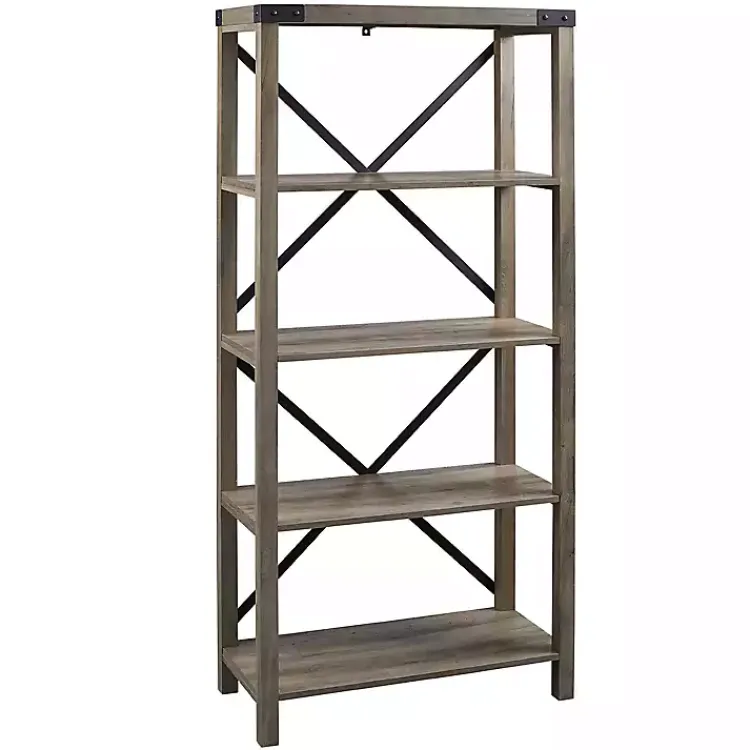 Bookshelves-Kirklands Home Wash Metal X Frame Back Bookshelf Gray