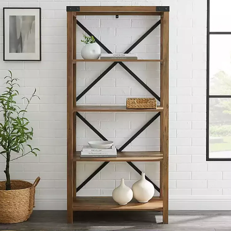 Office Furniture-Kirklands Home Rustic Oak Metal X Frame Back Bookshelf Brown