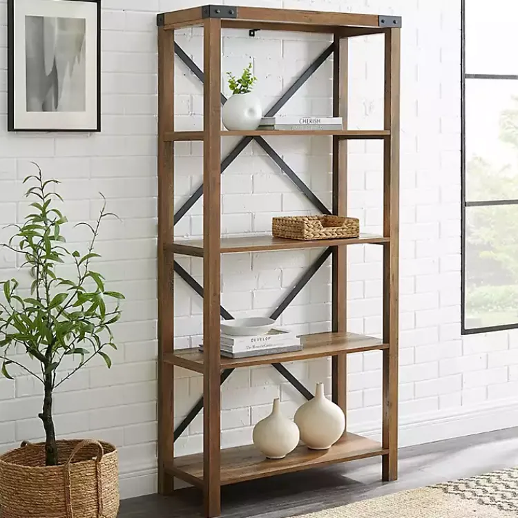Office Furniture-Kirklands Home Rustic Oak Metal X Frame Back Bookshelf Brown