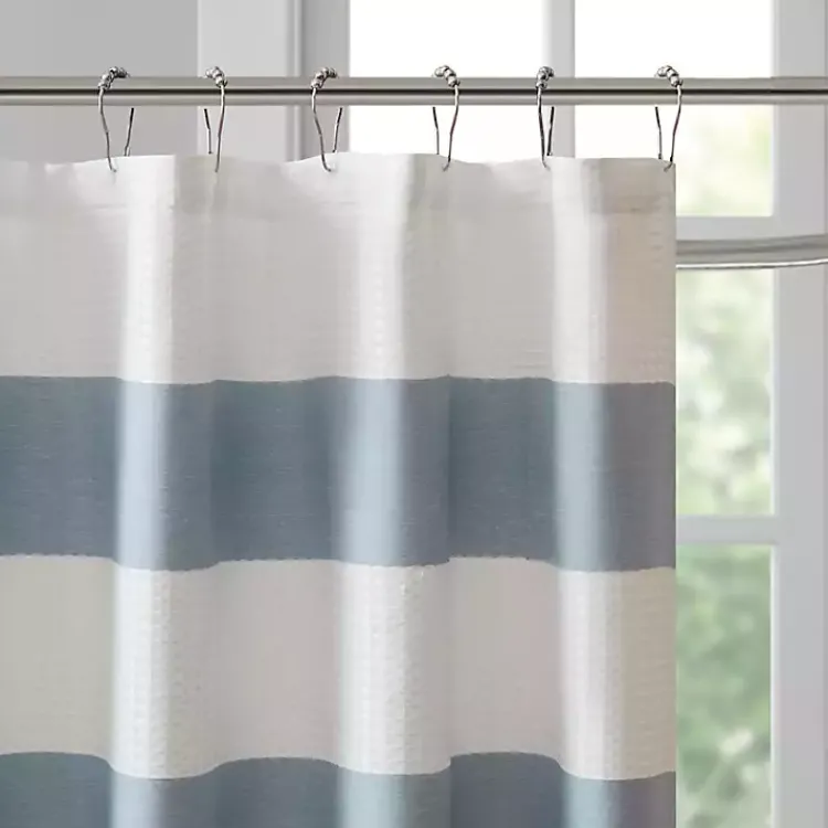 Shower Curtains-Kirklands Home Stripe Waffle Weave Shower Curtain Blue