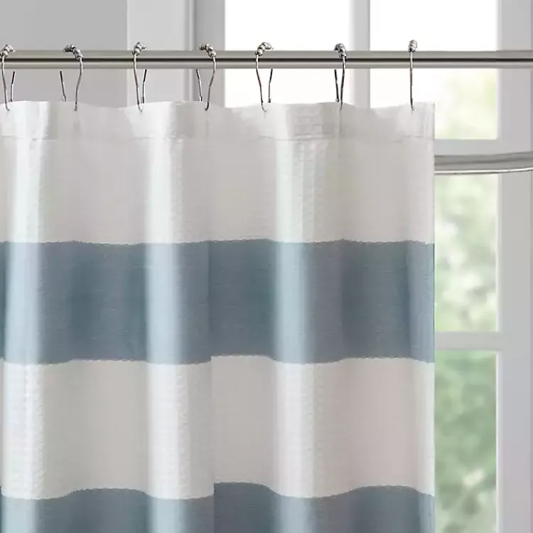 Shower Curtains-Kirklands Home Stripe Waffle Weave Shower Curtain Blue