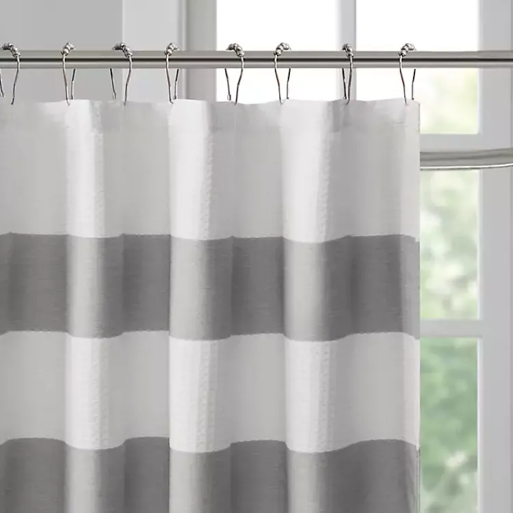 Shower Curtains-Kirklands Home Stripe Waffle Weave Shower Curtain Gray