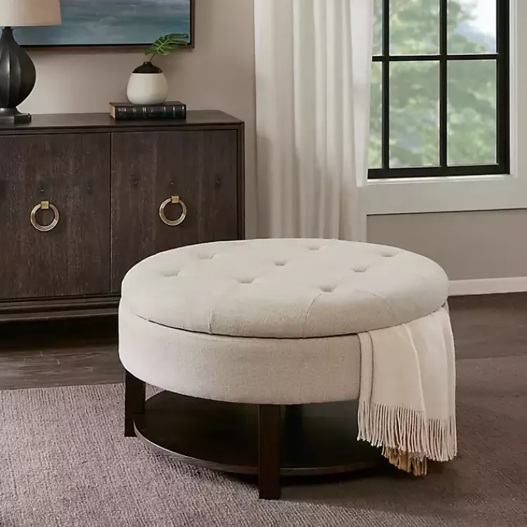 Benches & Ottomans-Kirklands Home Cream Button Tufted Storage Ottoman Ivory