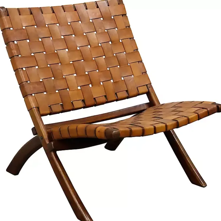 Accent Chairs-Kirklands Home Solid Teak and Genuine Leather Lounge Chair Brown