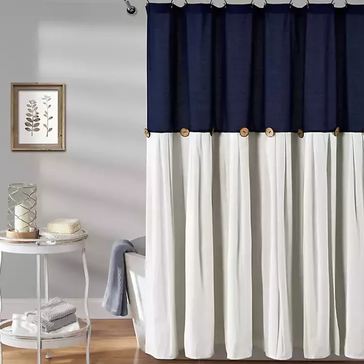Shower Curtains-Kirklands Home Navy and White Button Accent Linen Shower Curtain Blue