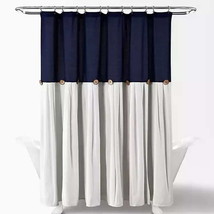 Shower Curtains-Kirklands Home Navy and White Button Accent Linen Shower Curtain Blue