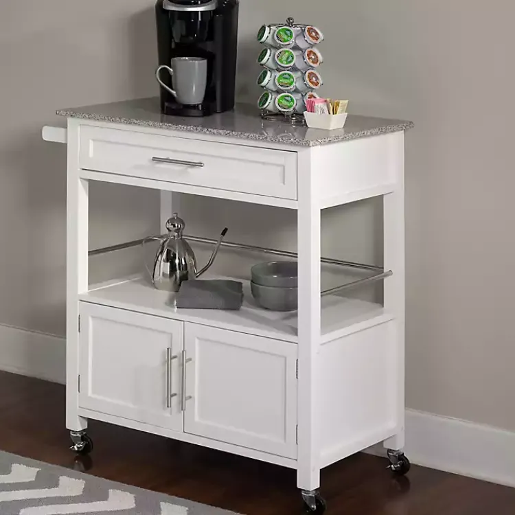 Kitchen Islands & Bar Carts-Kirklands Home White Parker Granite Top Rolling Kitchen Cart
