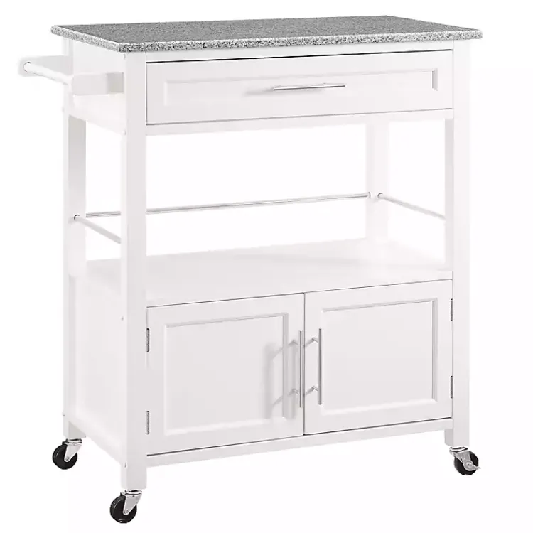 Kitchen Islands & Bar Carts-Kirklands Home White Parker Granite Top Rolling Kitchen Cart