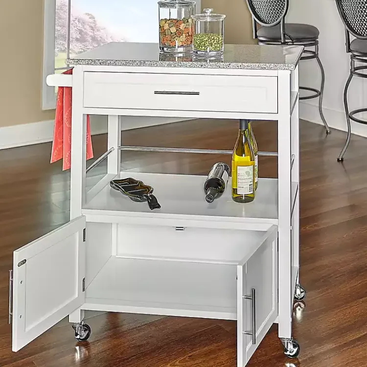Kitchen Islands & Bar Carts-Kirklands Home White Parker Granite Top Rolling Kitchen Cart