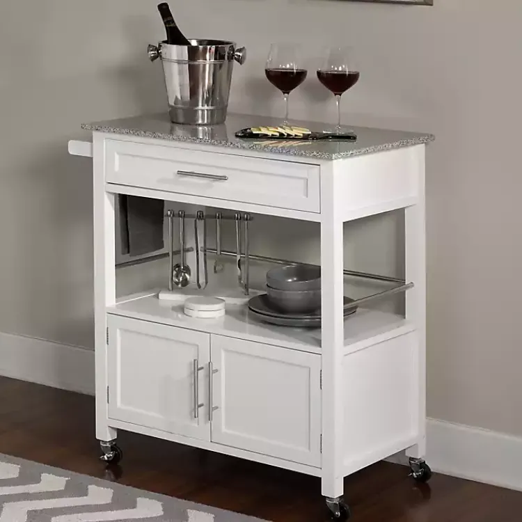 Kitchen Islands & Bar Carts-Kirklands Home White Parker Granite Top Rolling Kitchen Cart