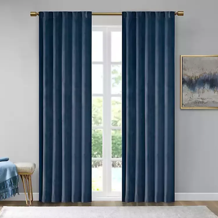Curtains & Drapes-Kirklands Home Navy Velvet Greta Curtain Panel Set, 84 in. Blue