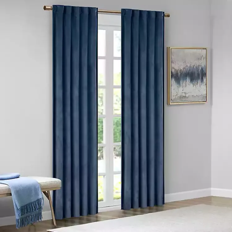 Curtains & Drapes-Kirklands Home Navy Velvet Greta Curtain Panel Set, 95 in. Blue