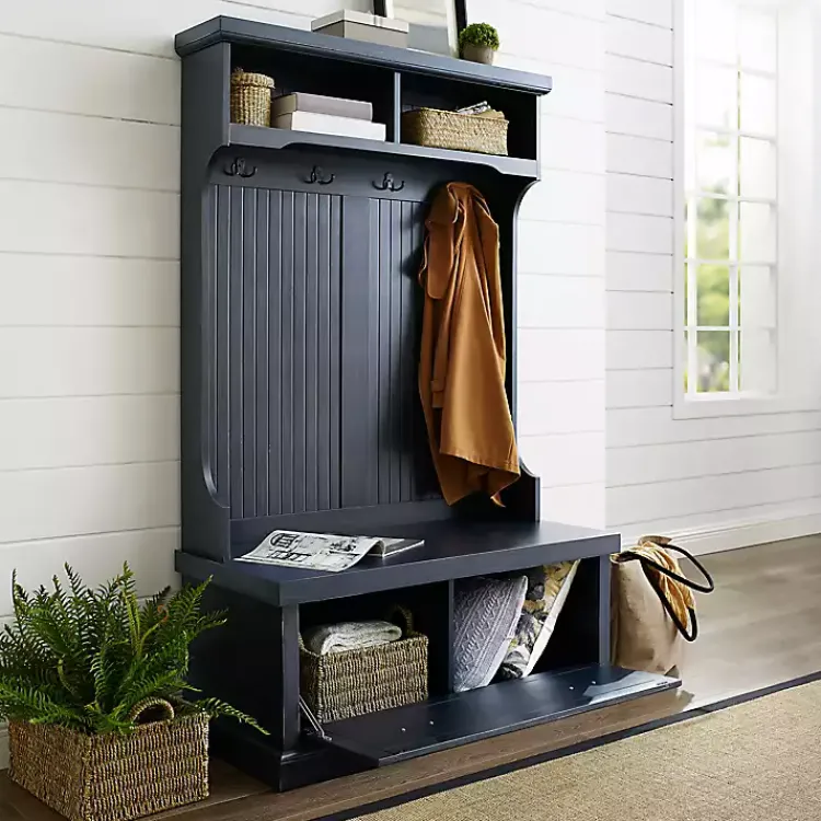 Entryway Furniture-Kirklands Home Distressed Navy Seanan Storage Hall Tree