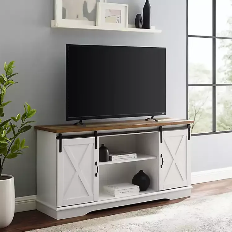 Tv Stands & Media Consoles-Kirklands Home Sliding Door Rustic Oak Top TV Stand White