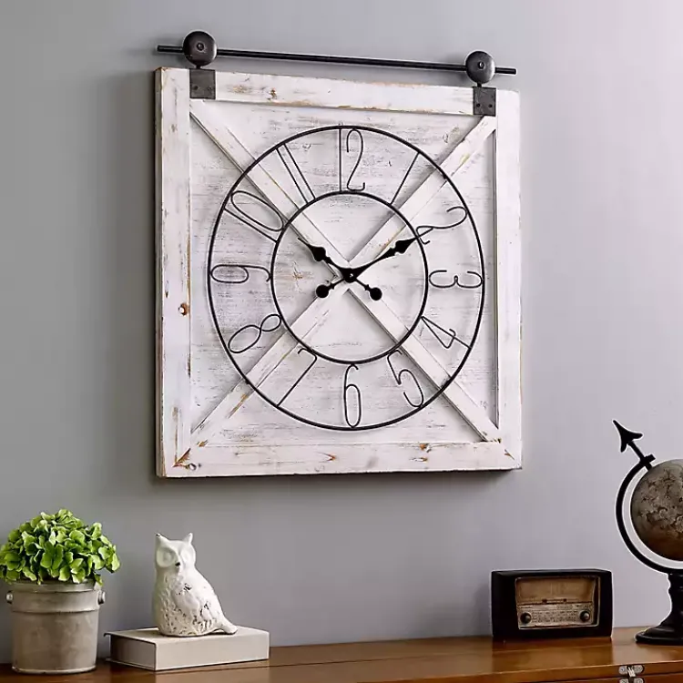 Clocks-Kirklands Home Farmstead Wooden Barn Door Clock White