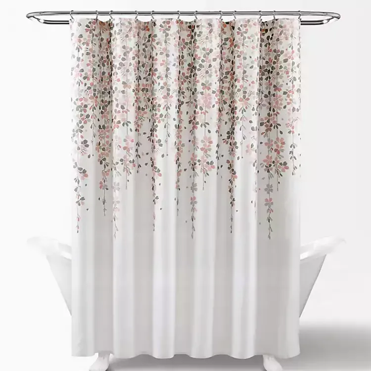Shower Curtains-Kirklands Home Blush and Gray Weeping Flower Shower Curtain Pink