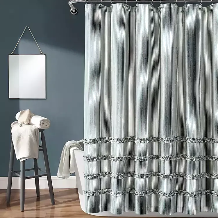 Shower Curtains-Kirklands Home Denim Vintage Stripe Shower Curtain Blue