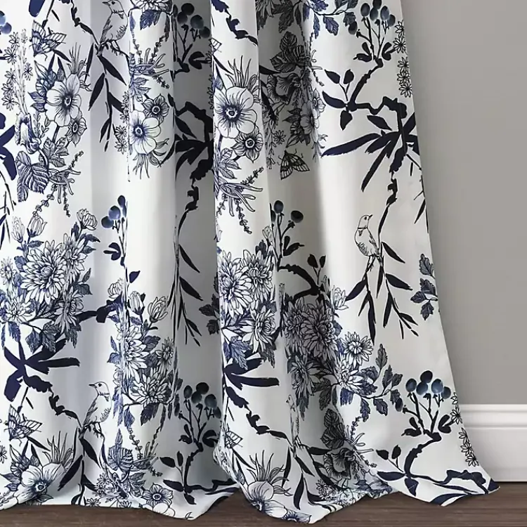 Curtains & Drapes-Kirklands Home Navy Botanical Garden Curtain Panel Set, 95 in. Blue