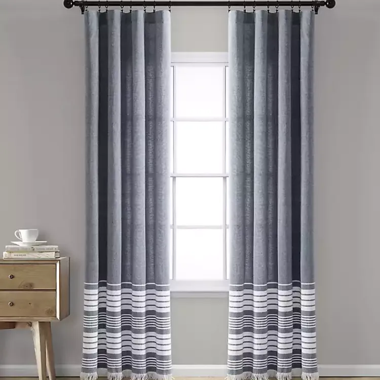 Curtains & Drapes-Kirklands Home Navy Nantucket Fringe Curtain Panel Set, 84 in.