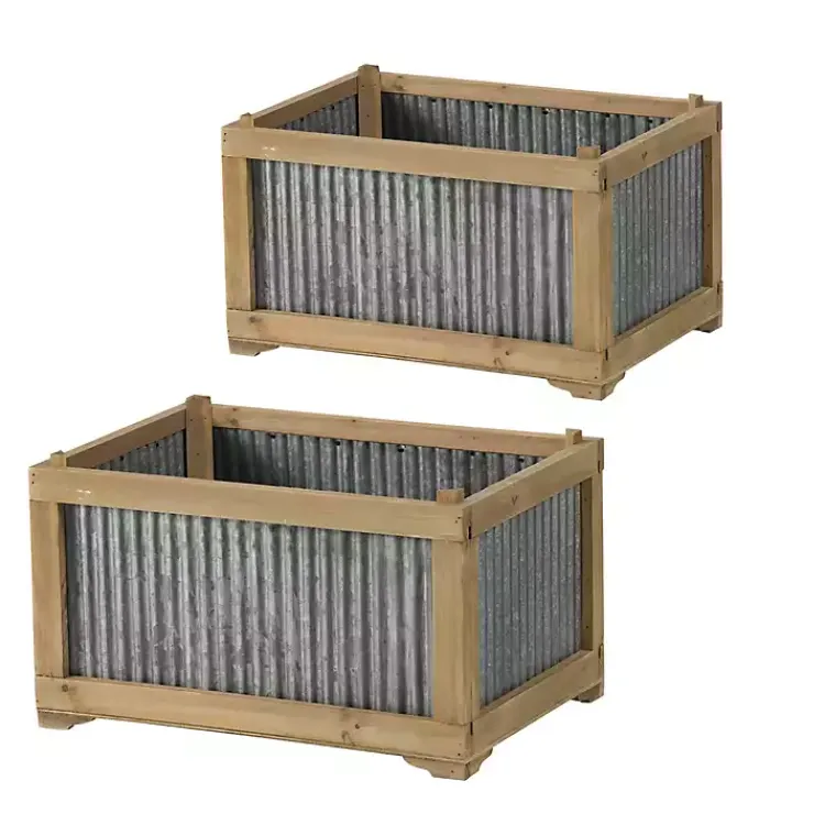 Planters-Kirklands Home Wood Planters with Galvanized Sides, Set of 2
