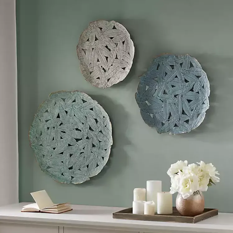 Wall Plaques-Kirklands Home Metal Feather Round Wall Plaques, Set of 3 Blue