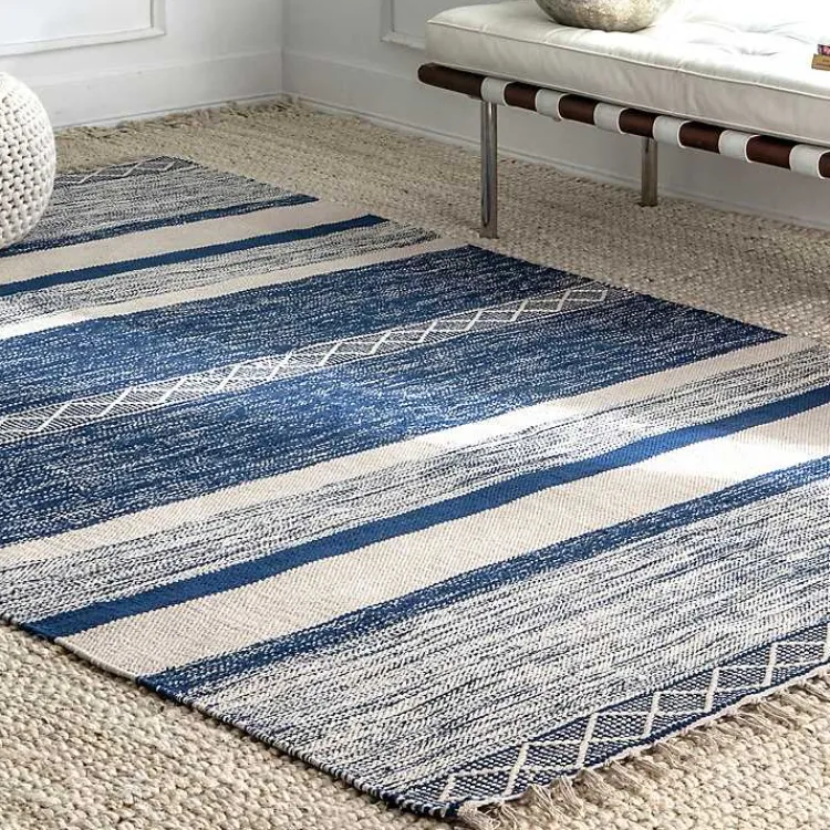 Area Rugs-Kirklands Home Seabrook Striped Fringe Wool Area Rug, 7x9 Blue