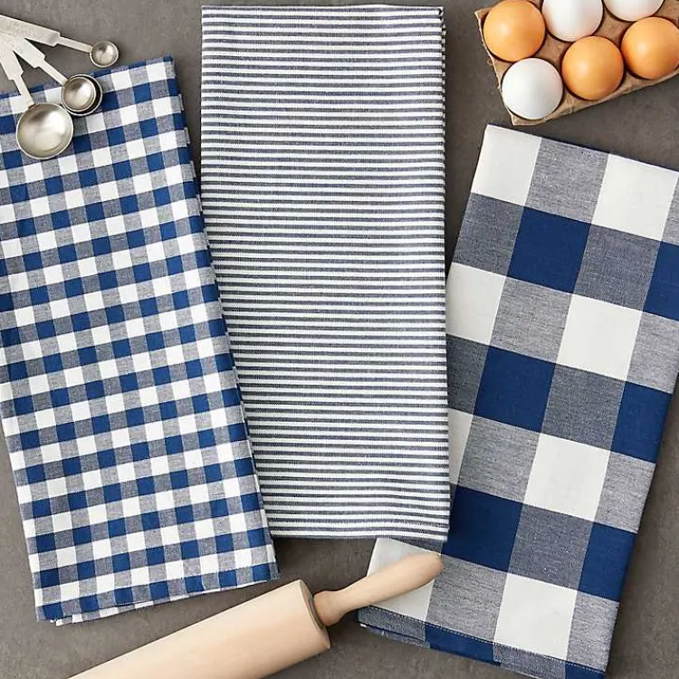 Kitchen Accessories-Kirklands Home Navy and White Mixed Check Towels, Set of 3 Blue