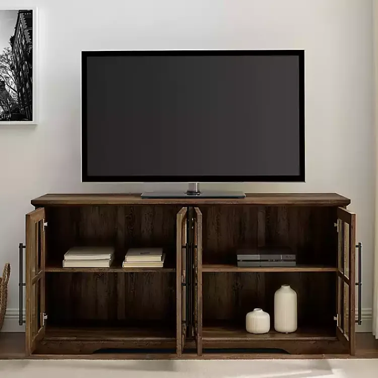 Tv Stands & Media Consoles-Kirklands Home Rustic Oak Window 4-Door TV Stand Brown