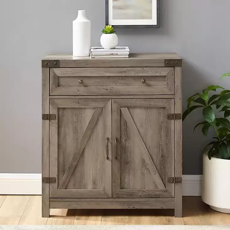 Cabinets & Sideboards-Kirklands Home Wash Wooden and Metal Barn Door Cabinet Gray