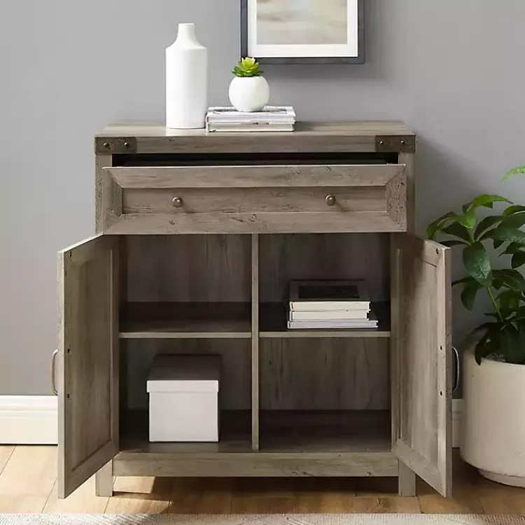 Cabinets & Sideboards-Kirklands Home Wash Wooden and Metal Barn Door Cabinet Gray