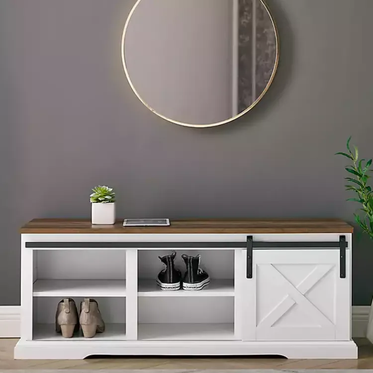 Entryway Furniture-Kirklands Home Sliding Barn Door Bench White