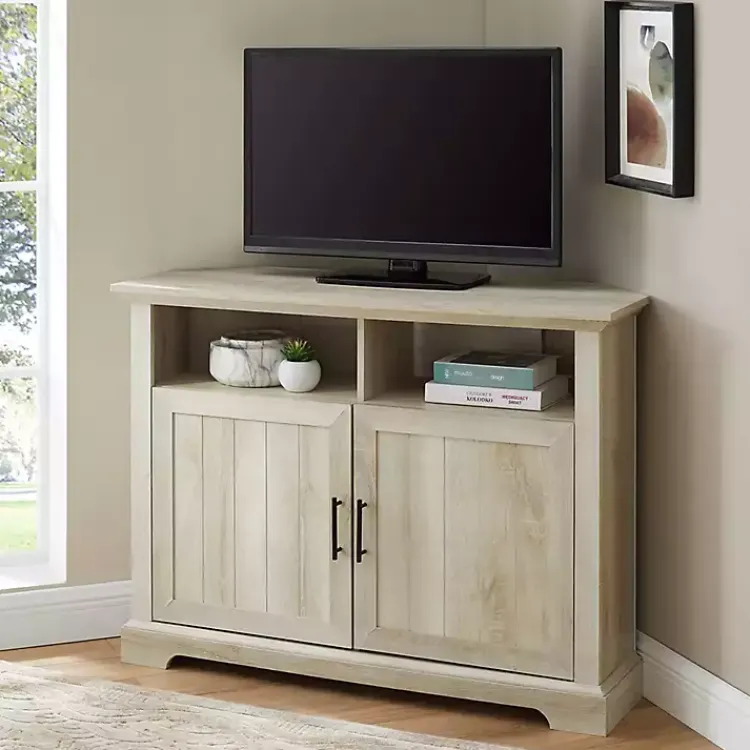Tv Stands & Media Consoles-Kirklands Home White Oak Grooved Door Corner TV Stand Ivory