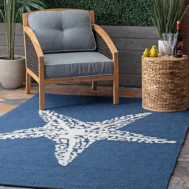 Outdoor Rugs-Kirklands Home Navy Starfish Hooked Indoor/Outdoor Area Rug, 5x8