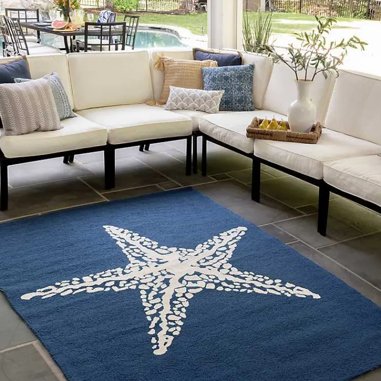 Outdoor Rugs-Kirklands Home Navy Starfish Hooked Indoor/Outdoor Area Rug, 5x8