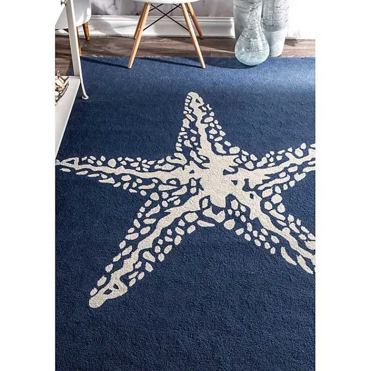 Outdoor Rugs-Kirklands Home Navy Starfish Hooked Indoor/Outdoor Area Rug, 5x8