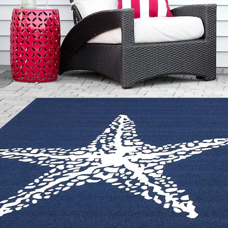 Outdoor Rugs-Kirklands Home Navy Starfish Hooked Indoor/Outdoor Area Rug, 7x9