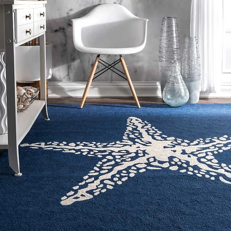Outdoor Rugs-Kirklands Home Navy Starfish Hooked Indoor/Outdoor Area Rug, 7x9