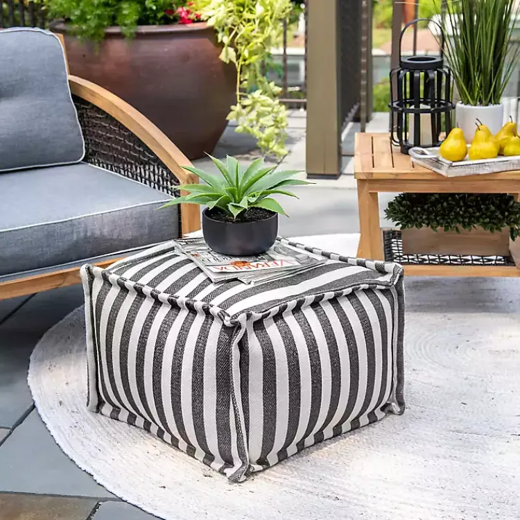 Outdoor Cushions & Pillows-Kirklands Home Striped Outdoor Pouf Gray