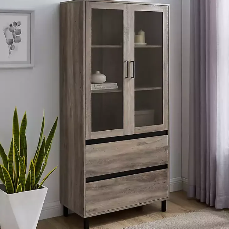 Cabinets & Sideboards-Kirklands Home Wash Glass Door Storage Hutch Gray