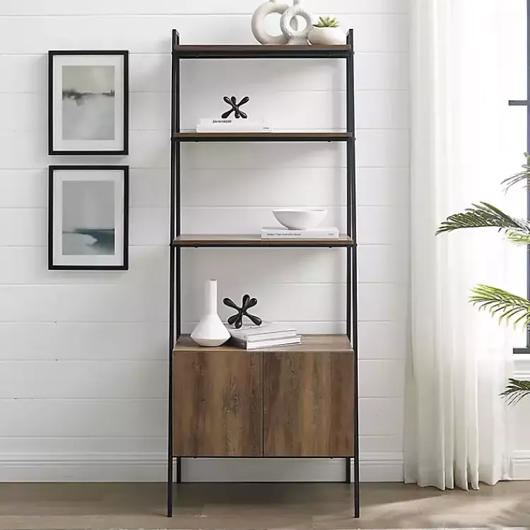 Bookshelves-Kirklands Home Reclaimed Wood Modern Ladder Bookcase with Cabinet