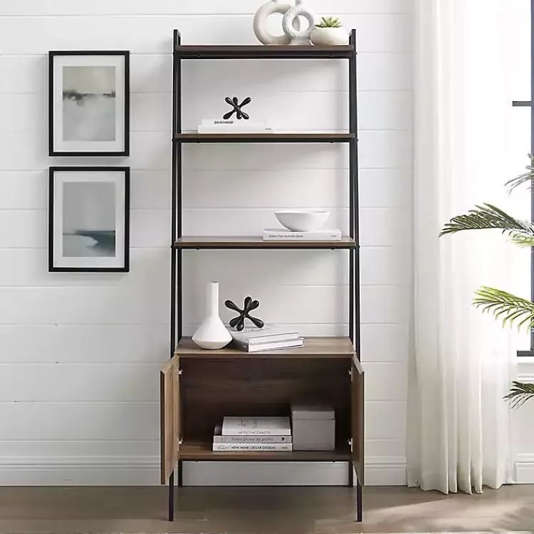 Bookshelves-Kirklands Home Reclaimed Wood Modern Ladder Bookcase with Cabinet
