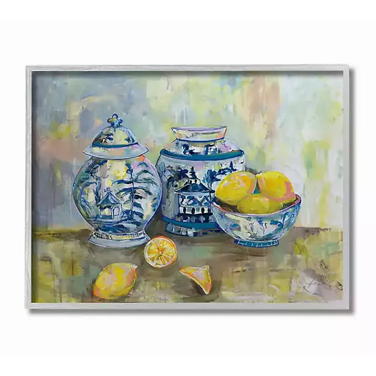 Framed Art-Kirklands Home Lemons in Blue Pottery Wooden Art Yellow