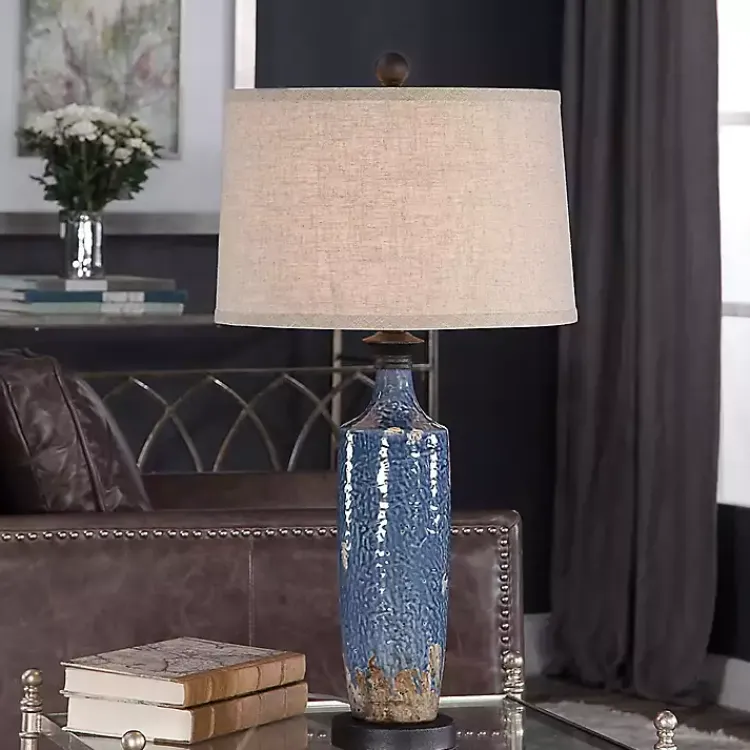 Table Lamps-Kirklands Home Blue Textured Ceramic Table Lamp Tan
