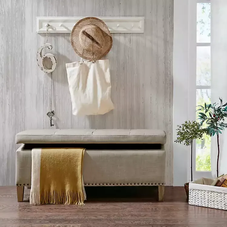 Entryway Furniture-Kirklands Home Taupe Linen Button Tufted Storage Bench Tan