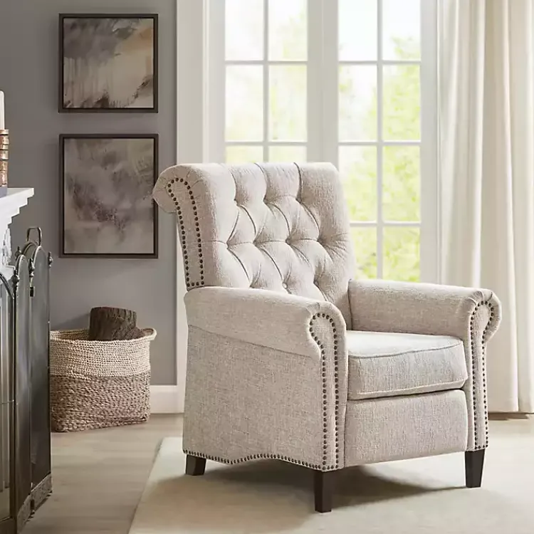 Accent Chairs-Kirklands Home Cream Tufted Back Nailhead Trim Recliner Armchair Ivory