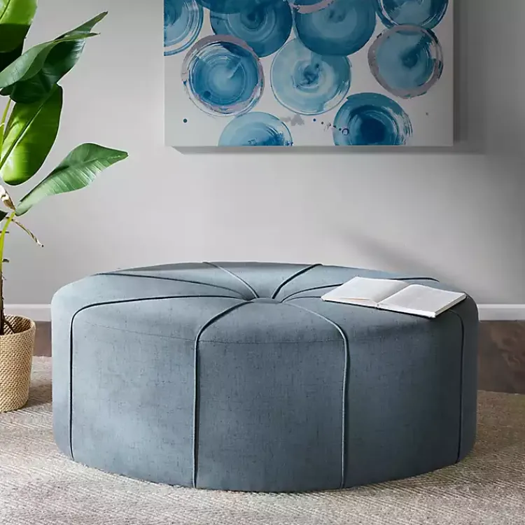 Benches & Ottomans-Kirklands Home Thick Welting Center Button Oval Ottoman Blue