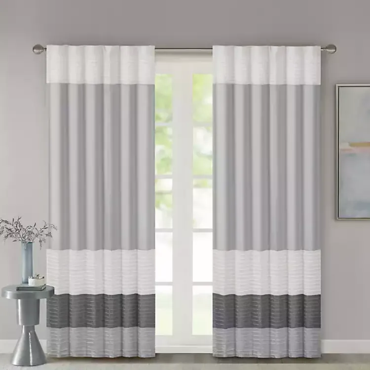 Curtains & Drapes-Kirklands Home Gray Color Block Striped Curtain Panel, 84 in.