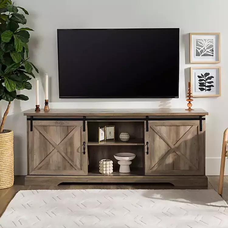 Tv Stands & Media Consoles-Kirklands Home Wash Sliding Barn Door TV Stand Gray