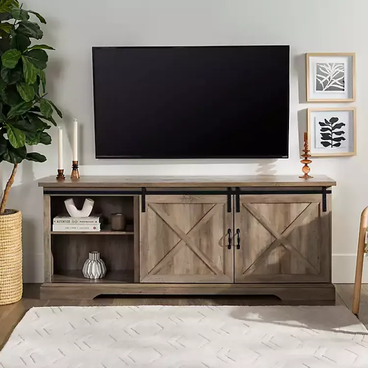 Tv Stands & Media Consoles-Kirklands Home Wash Sliding Barn Door TV Stand Gray