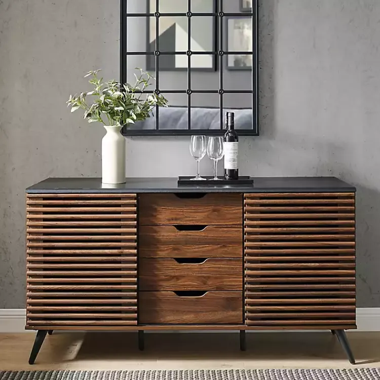 Cabinets & Sideboards-Kirklands Home Dark Walnut Slatted 4-Drawer Cabinet Brown